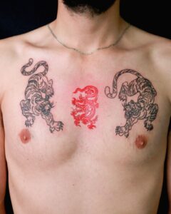 A symmetrical chest tattoo featuring two fierce tigers facing each other in traditional black and grey style, symbolizing power and protection.
