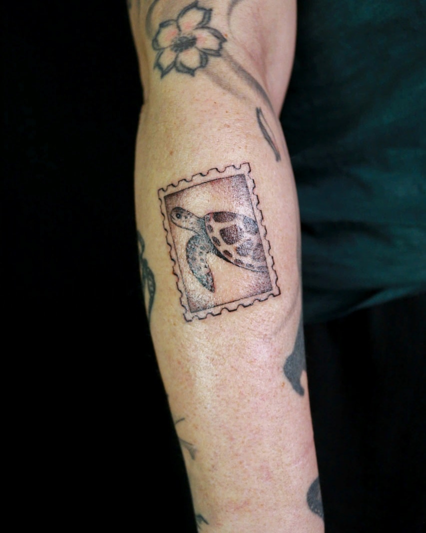 Vintage turtle postage stamp tattoo design by Mr Tattoo Hanoi